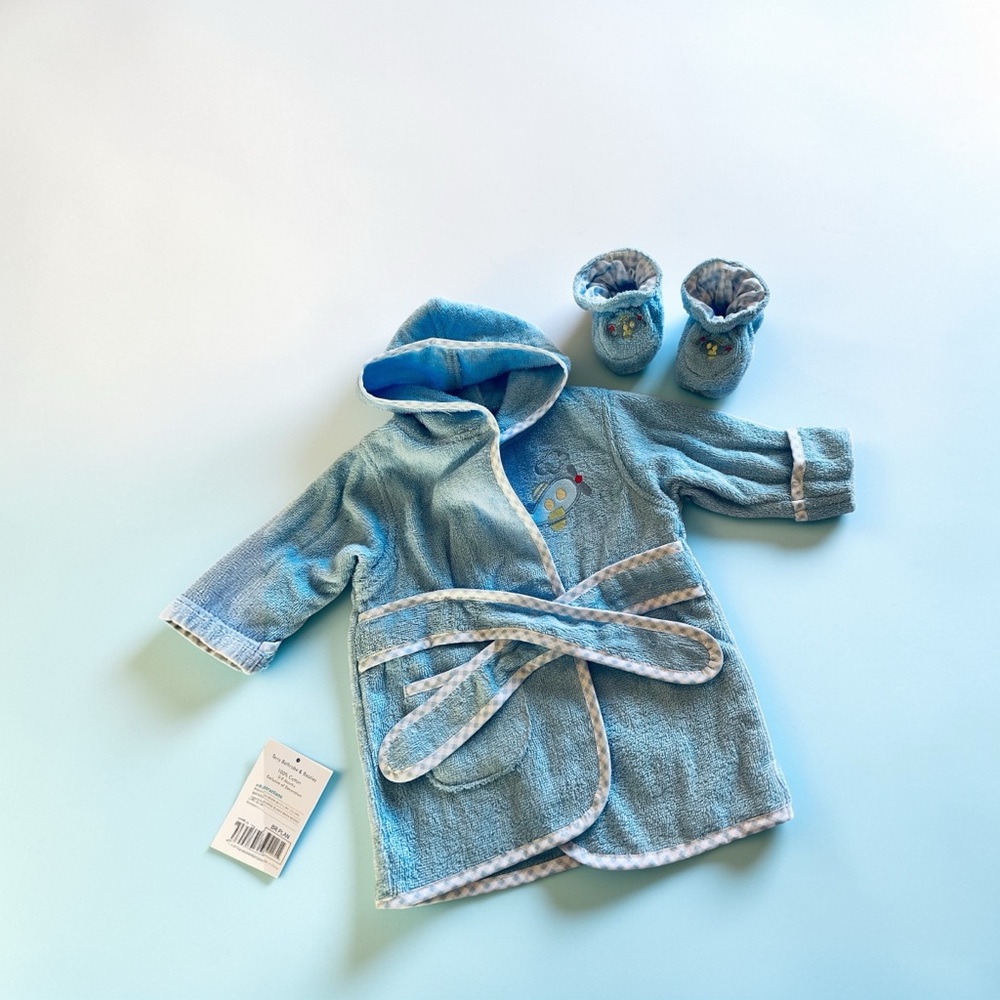 Baby Bathrobe Set blue hooded with booties
